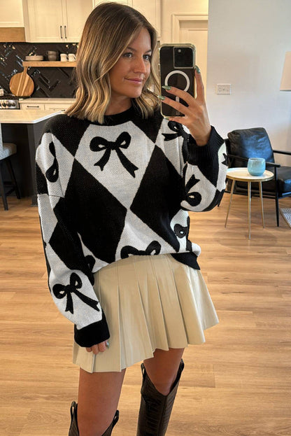 Black Bow Print 2-tone Rhombus Knit Loose Sweater