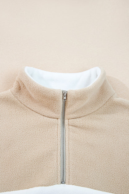 Parchment Fleece Colorblock Patchwork Zipped Neck Pullover Sweatshirt