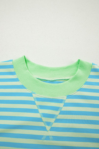 Green Stripe Color Block Detail Long Sleeve Pullover Elastic Waist Pull On Shorts 2pcs Set
