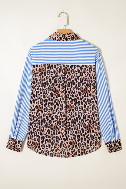 Sky Blue Striped Leopard Print Patchwork Button Up Womens Shirt