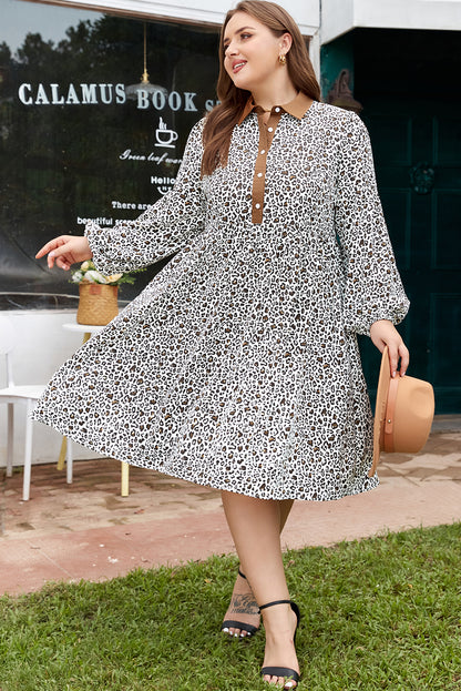 Khaki Plus Size Button V Neck Leopard Print Puff Sleeve Loose Mini Dress