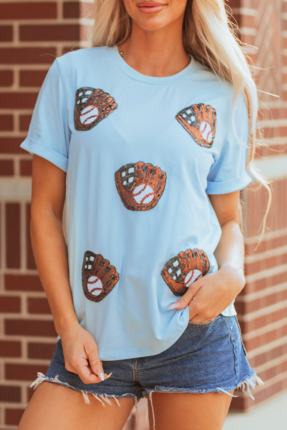 Light Blue Baseball Sequin Patch T Shirt