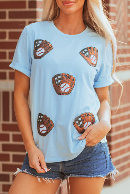 Light Blue Baseball Sequin Patch T Shirt