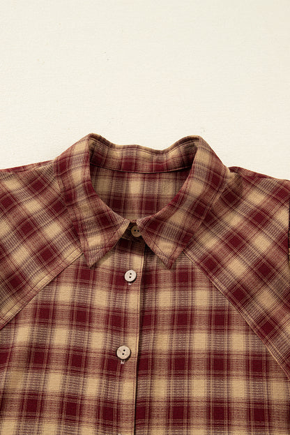 Red Plaid Print Ruffled Long Sleeve Patchwork Hem Mini Shirt Dress