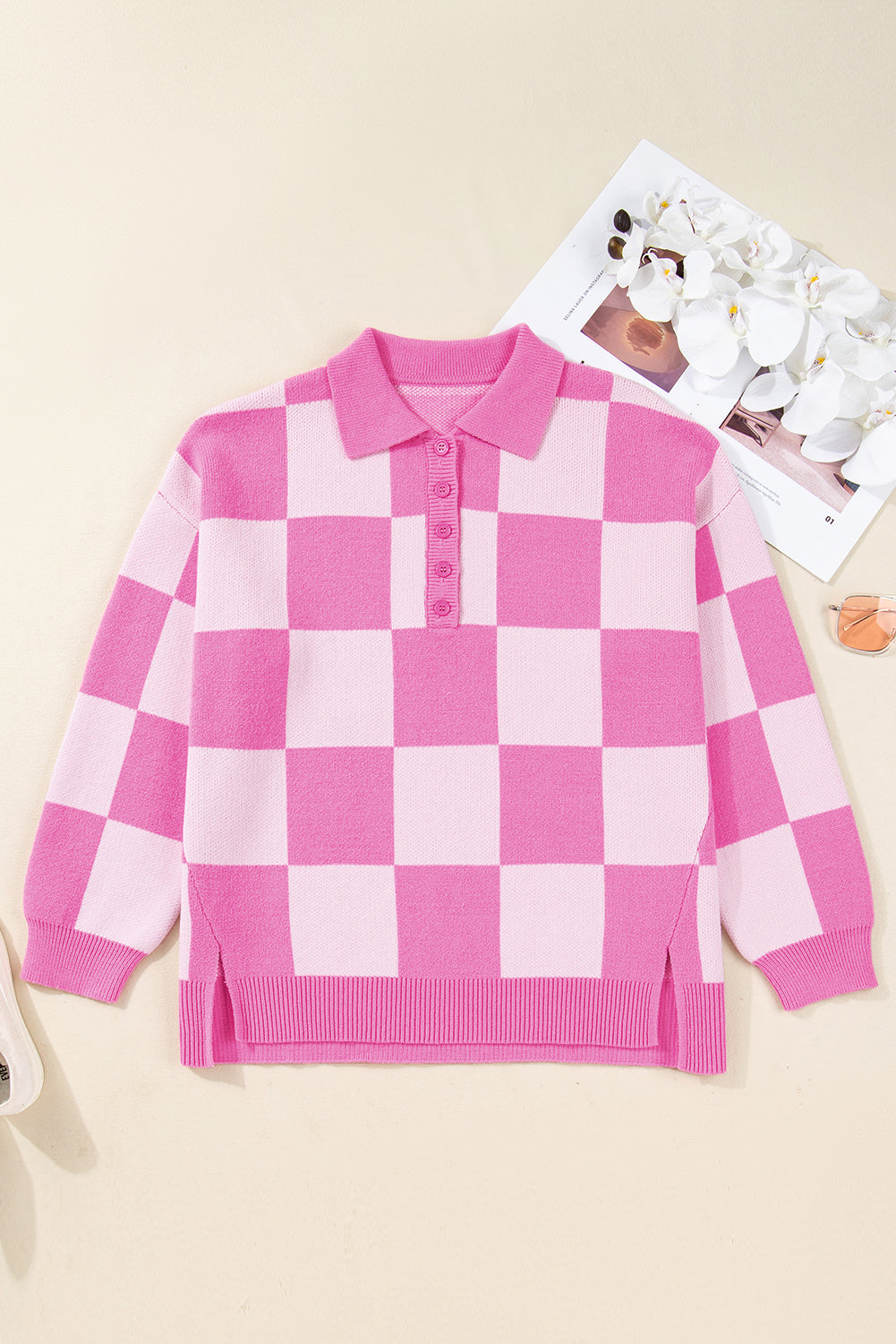 Pink Plus Size Checkered Collared Half Button Sweater