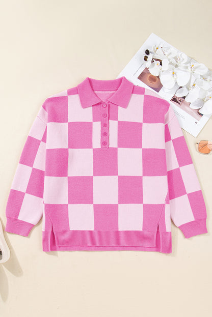 Pink Plus Size Checkered Collared Half Button Sweater