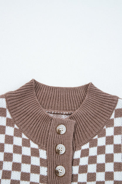 Dark Brown Half Button Ribbed Trim Checkerboard Knit Sweater