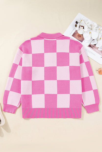 Pink Plus Size Checkered Collared Half Button Sweater