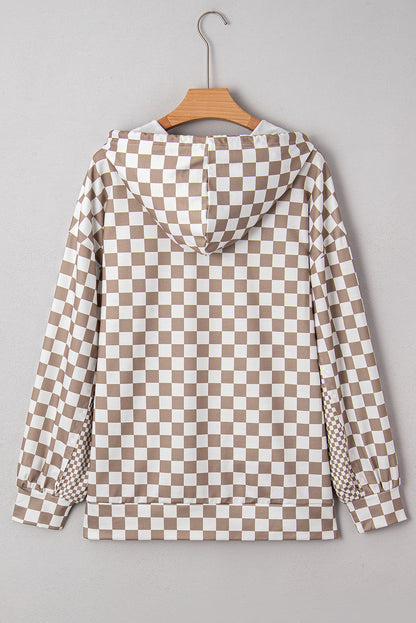 Khaki Double Checkered Patchwork Tie Neck Oversize Hoodie