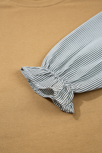 Camel Floral Striped Patchwork Ruffled Sleeve Crew Neck Sweatshirt