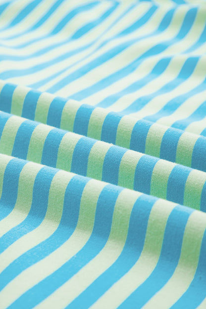 Green Stripe Color Block Detail Long Sleeve Pullover Elastic Waist Pull On Shorts 2pcs Set