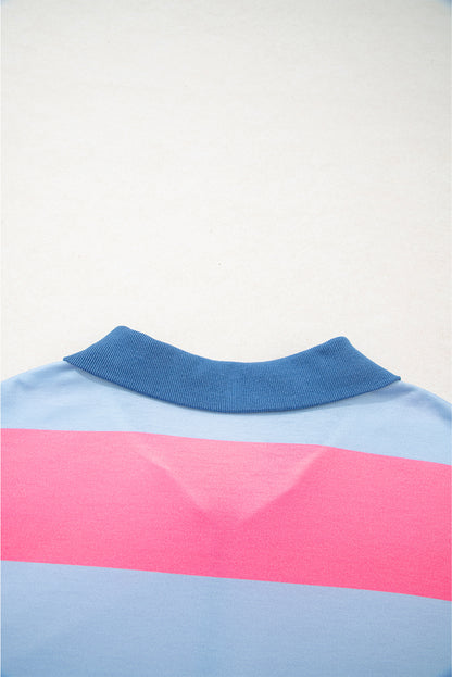 Blue Stripe Colorblock Patchwork Zip up Plus Size Pullover