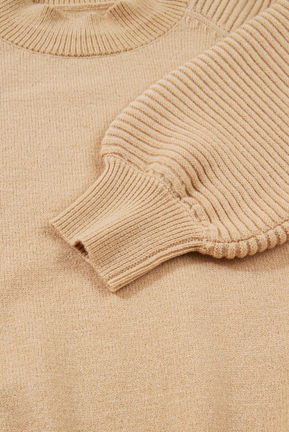 Smoke Gray High Neck Puff Sleeve Sweater Pleated Mini Skirt 2pcs Knitted Outfit