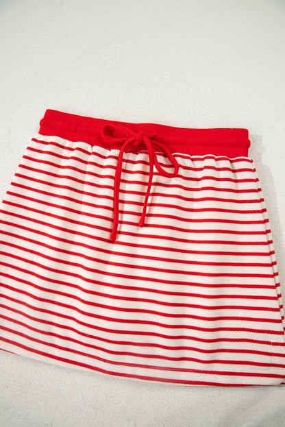 Red Stripe Collared V Neck Drop Shoulder Pullover and Skort 2pcs Outfit