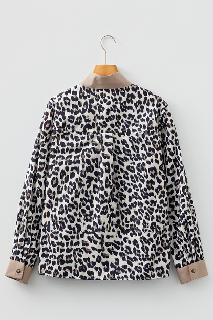 Multicolour Leopard Print Contrast Patchwork Cuffs Button Collared Top