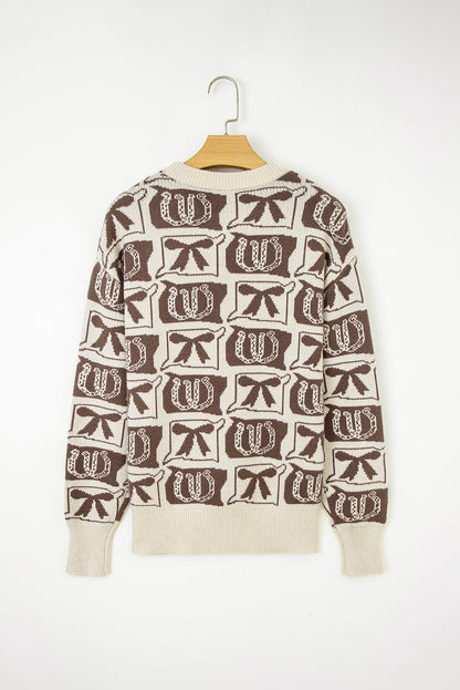 Brown Bows & Horseshoes Pattern Western Fashion Print Sweater