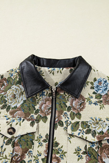 Khaki Floral Print Zip Up Contrast Collared Jacket