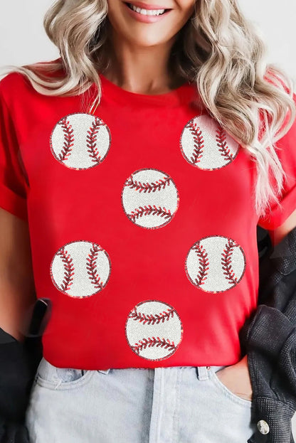 Red Glittering baseball  Pattern Crew Neck Game Day T Shirt