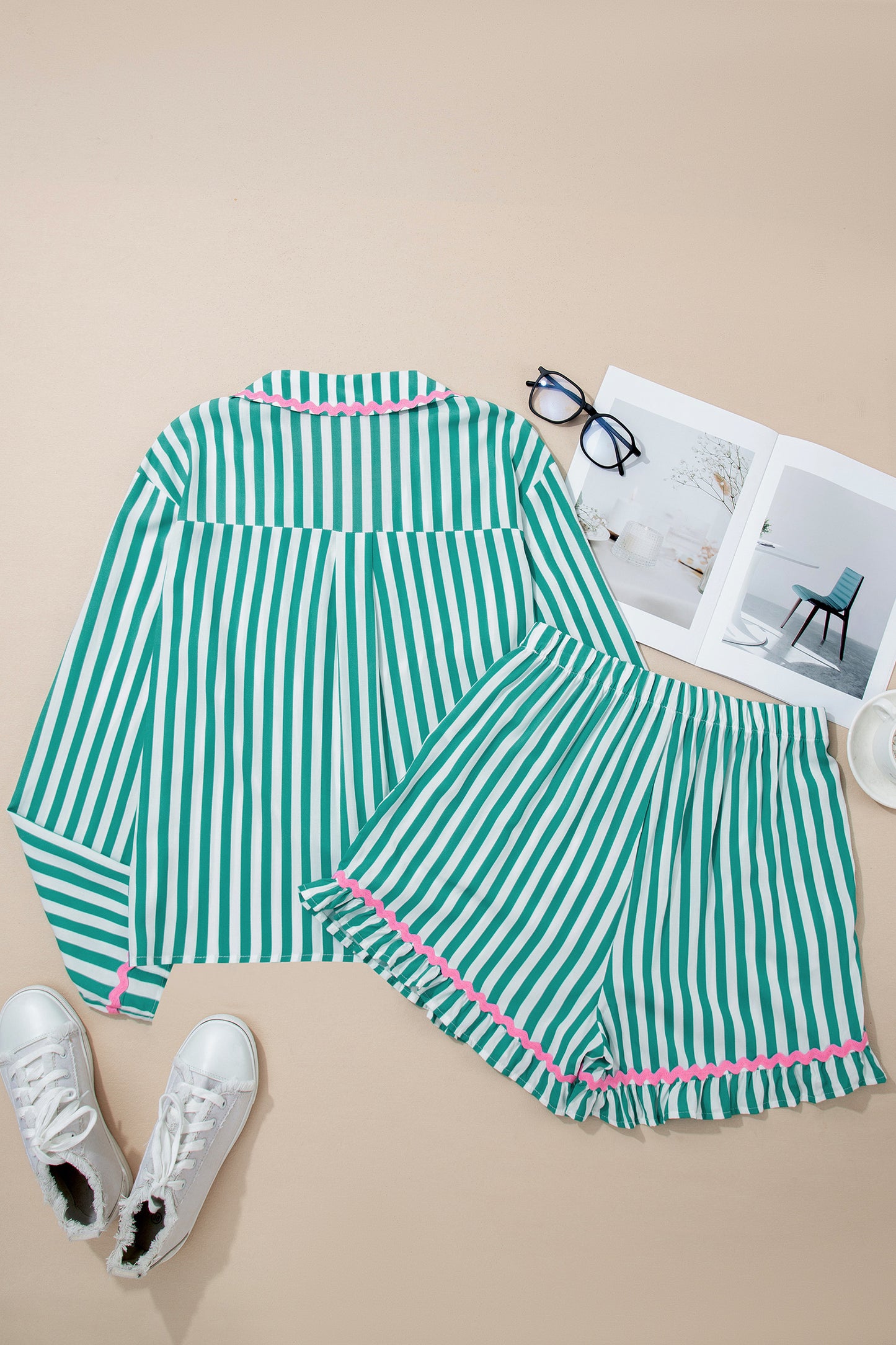 Ricrac Trim Long Sleeve Shirt Drawstring Ruffled Pajama Short Set