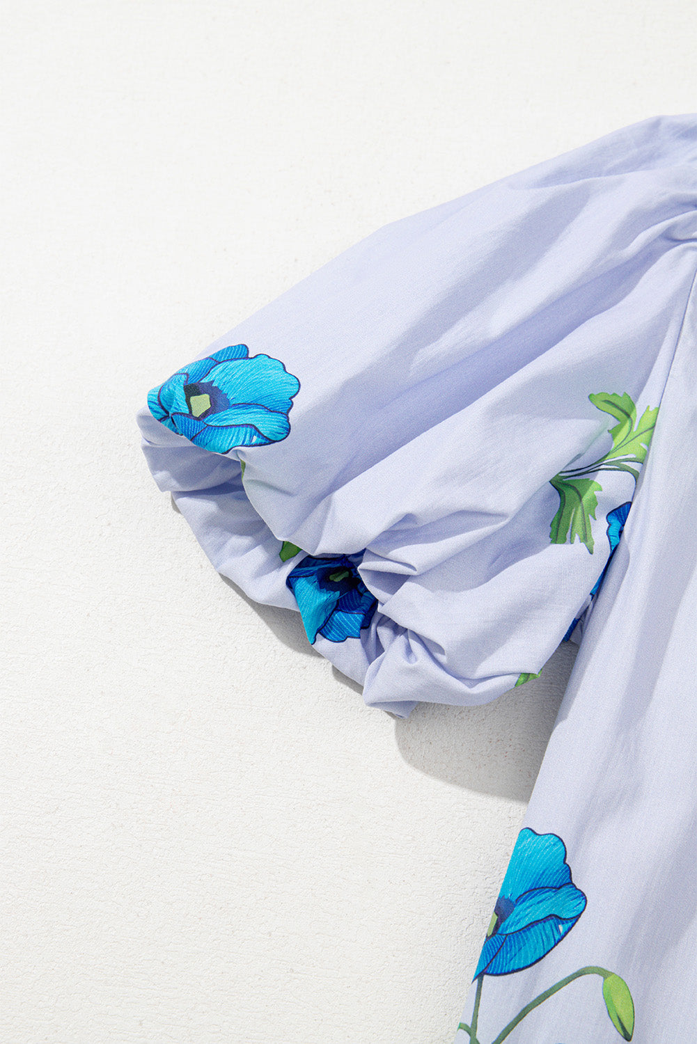 Sky Blue Floral Print Tie Split Neck Short Puff Sleeve Blouse