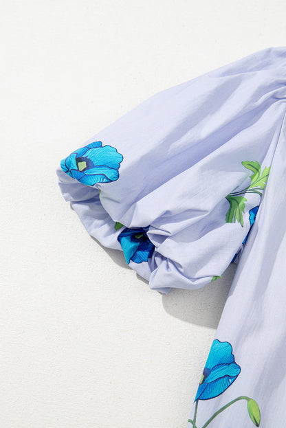 Sky Blue Floral Print Tie Split Neck Short Puff Sleeve Blouse