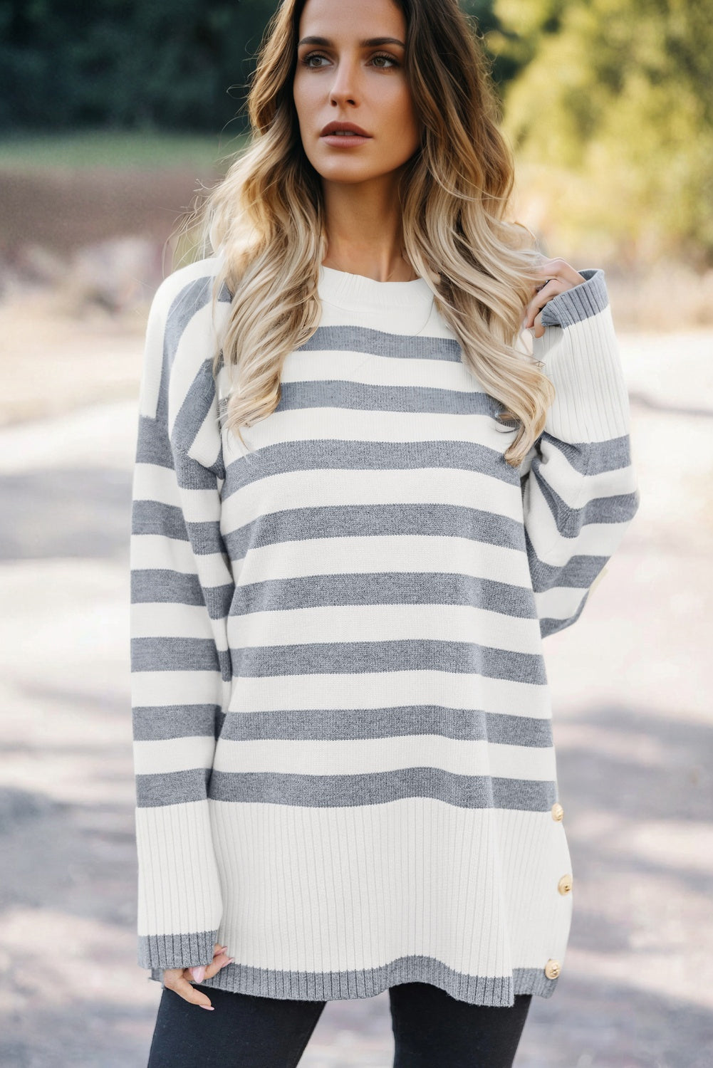 Gray Stripe Ribbed Buttoned Detail Drop Shoulder Tunic Sweater
