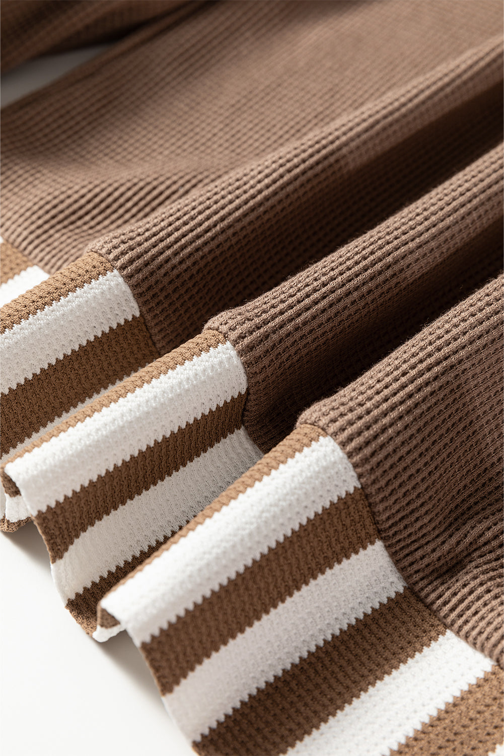 Straw Yellow Waffle Texture Striped Patchwork Button Neck Drawstring Hoodie