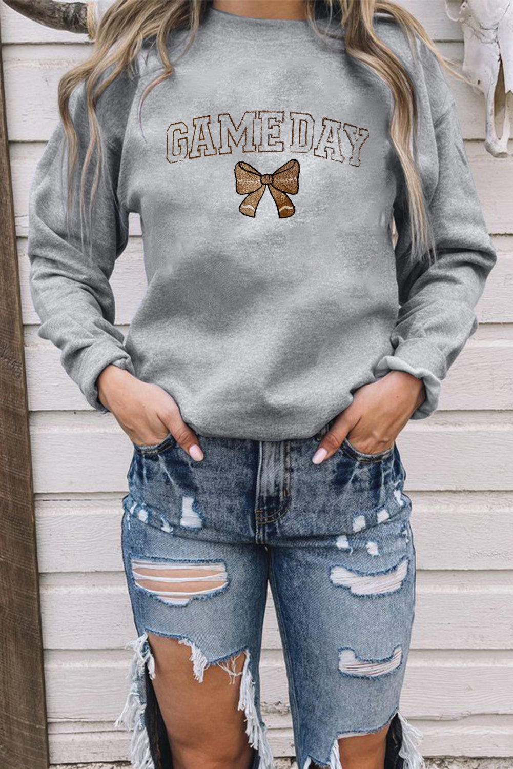 Cozy Game Day Bow Embroidered Sweatshirt