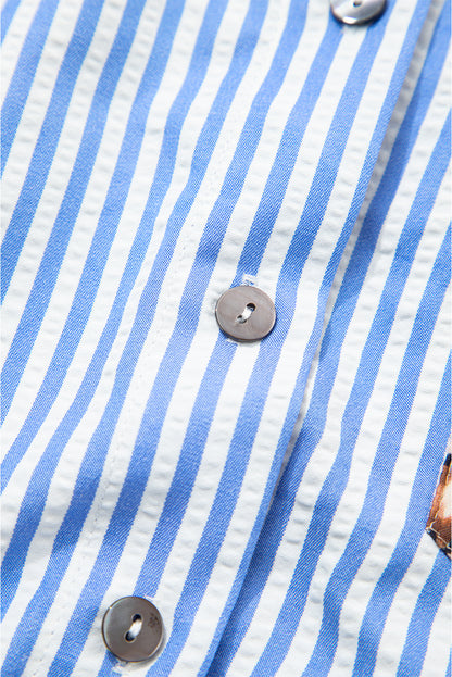 Sky Blue Striped Leopard Print Patchwork Button Up Womens Shirt