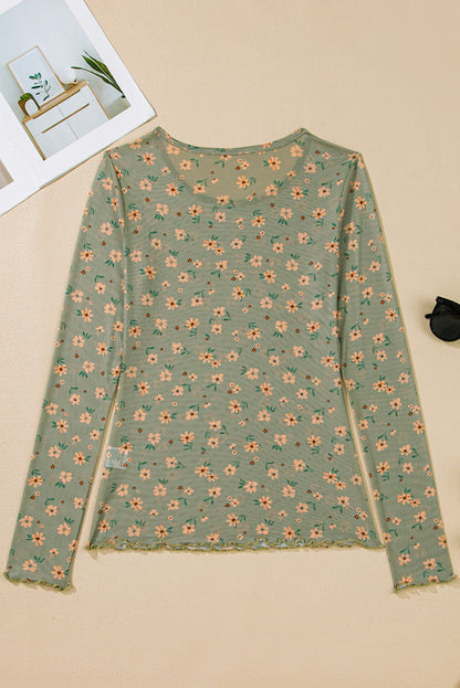 Laurel Green Vintage Floral Print Southern Style Mesh Long Sleeve Top