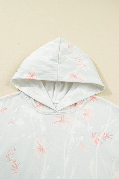 Gray Floral Print Plus Size Loose Hoodie
