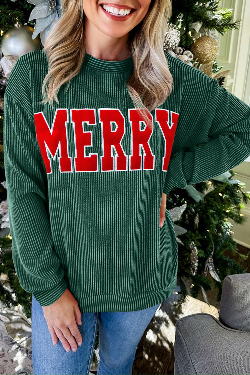 Evergreen Twisted Rib Outlined Merry Letter Graphic Loose Long Sleeve Top