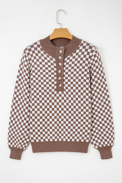 Dark Brown Half Button Ribbed Trim Checkerboard Knit Sweater