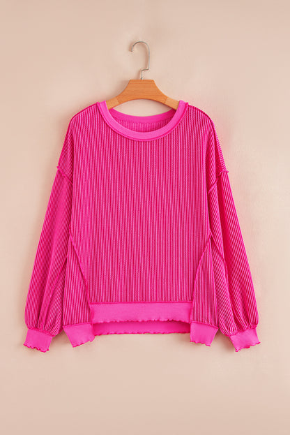Strawberry Pink Twisted Rib Uneven Hem Drop Shoulder Loose Knit Top