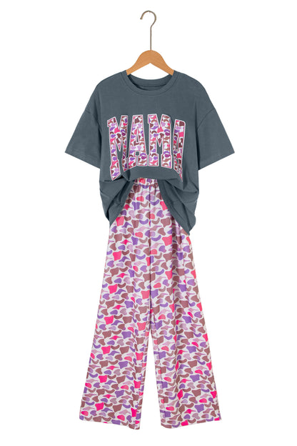 Fun mama  Letter Graphic Tee Camouflage Print Loose Pant Set
