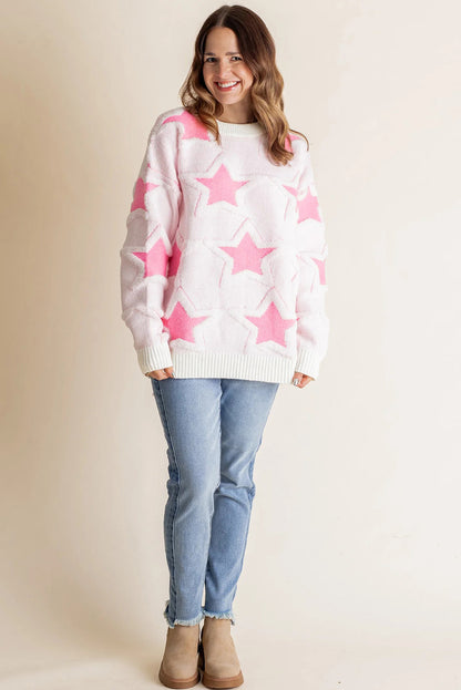Sachet Pink Oversized Cute Star Pattern Ribbed Edge Drop Shoulder Sweater