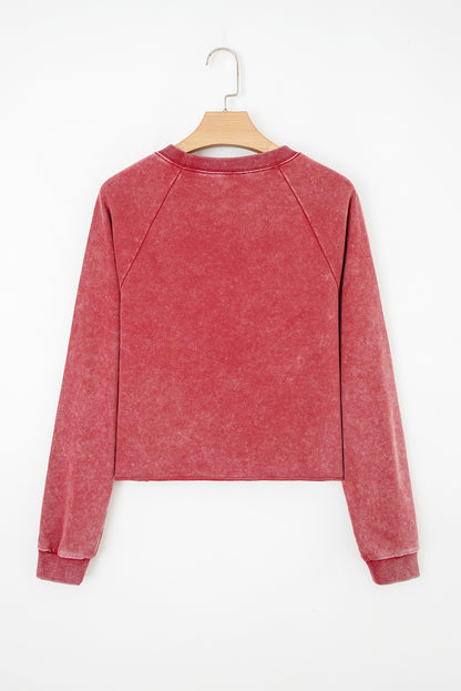 Racing Red Mineral Wash Raglan Sleeve Raw Hem Crop Sweatshirt
