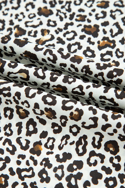 Khaki Plus Size Button V Neck Leopard Print Puff Sleeve Loose Mini Dress