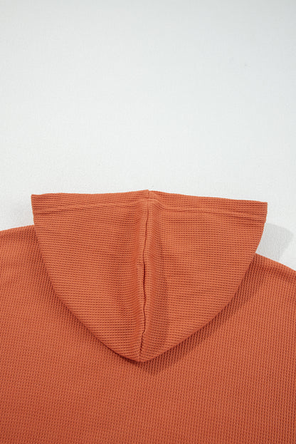 Cinnamon Waffle Printed Patchwork Drawstring Hooded Long Sleeve Top