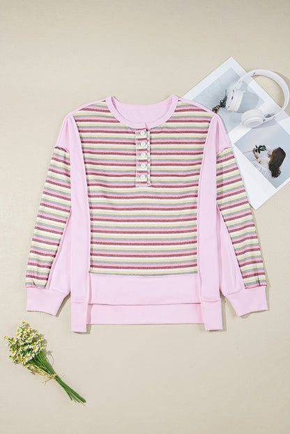 Pink Exposed Seam Color Block Striped Patchwork Loose Henley Sweatshirt