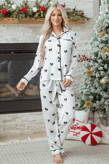 White Bows Print Two Piece Sleepwear