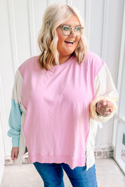 Pink Colorblock Patchwork Drop Shoulder Plus Size Sweatshirt