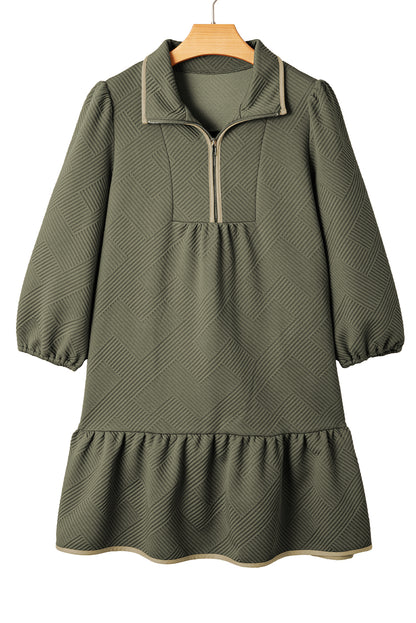 Jungle Green Quarter Zip Collar Bracelet Sleeve Textured Mini Dress