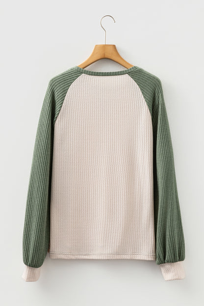 Mist Green Waffle Color Block Raglan Sleeve Top
