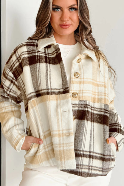 Multicolour Plaid Patchwork Side Pockets Buttoned Shacket