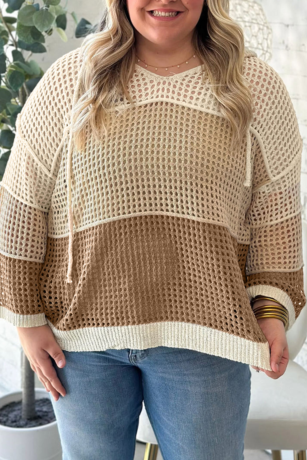 Parchment Colorblock Hollowed Knit Plus Size Hooded Jumper Sweater