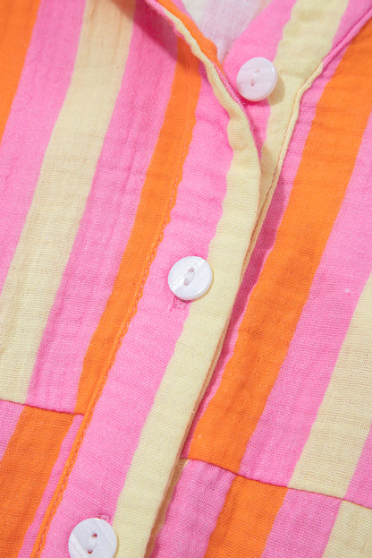 Pink Stripe Crinkled Half Buttons V Neck Plus Size Blouse