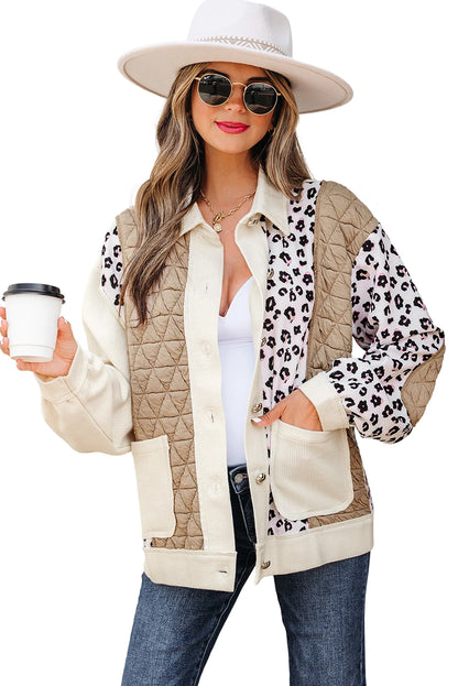 Khaki Leopard Waffle Quilted Patchwork Button Front Jacket