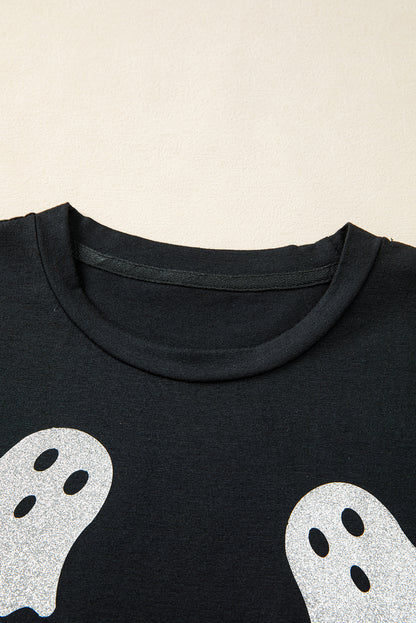 Black Glitter Ghost Pattern Crew Neck Halloween T Shirt