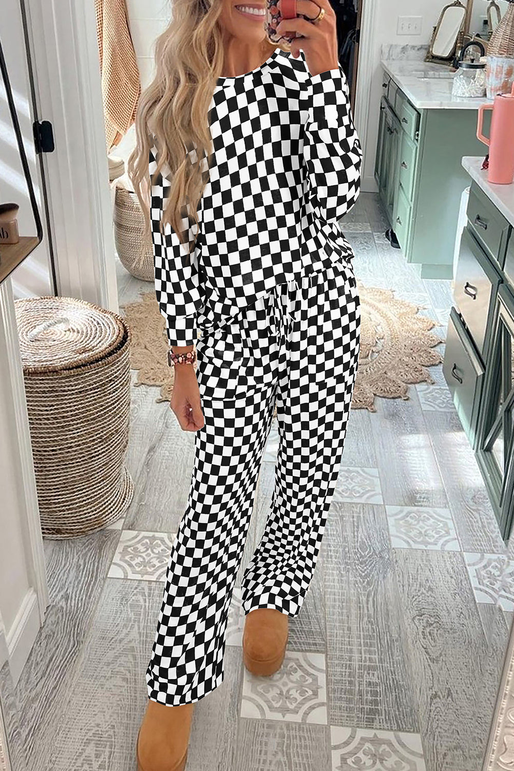 Black Checkered Print Long Sleeve Top and Pants Pajama/Lounge Set